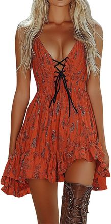 Generic Womens Smock Dresses Workout Flowy Beach A Line Womens Sexy Deep V Sleeveless Waist Tie Floral Vintage Short Swing Western Cowboy Style Dresses Shirt 