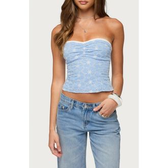 Edikted Zeffey Eyelet Strapless Corset Top in Light-Blue at Nordstrom, Size X-Large