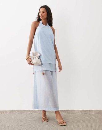 Asos Vestito midi a colonna allacciato al collo a strati azzurro-Blu