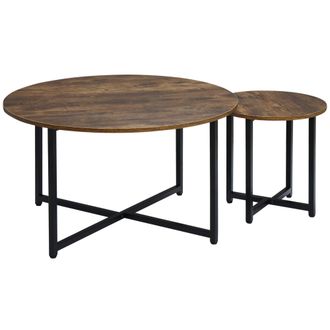 HOMCOM 2 Pcs Round Coffee Table with Metal Frame Side Accent Tables Brown | TJ Hughes