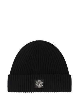 Stone Island Black Ribbed Logo Beanie