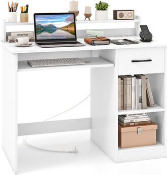 Costway Scrivania per Computer con 2 Prese di Corrente e Prese usb, Scrivania Ufficio con Cassetto e Ripiano Estraibile per Tastiera, Scrivania Gaming con