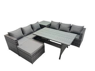 Fimous 7 Seater Garden Rattan Furniture Set with Side Table Big Stool in Dark Grey
