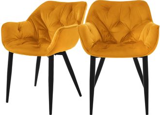ML Design Ml-design - Set 2x Sillas De Comedor Con Respaldo Y Reposabrazos Asiento Amarillo Mostaza Tapizado Con Funda De Terciopelo Patas De Metal Sill&oacute;n Dise&ntilde;