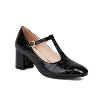 Generic Womens Crocodile Embossed PU Leather T Strap Pumps Adjustable Gold Buckle Square Toe Chunky Block Heel Non Slip Durable Comfortable Dress Shoes,Black,