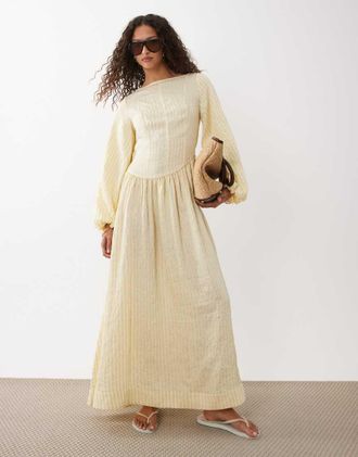 Asos Vestito lungo in popeline a righe giallo latticello con vita asimmetrica e maniche voluminose-Multi