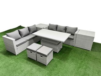 Fimous 7 PCs Rising Dining Table Set Rattan Furniture Set with 3 Seater Sofa in Light Grey