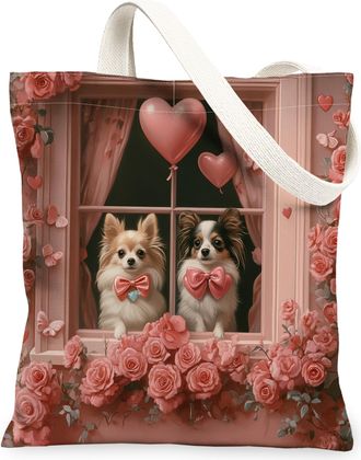 Generic Valentines Day Papillon Dog Canvas Tote Bag for Shopping 13x15, Window Couple Puppy Reusable Grocery Print Pattern Bag for Women, Pet Beach Aesthetic 