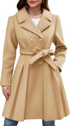 Generic Womens Trench Coat Long Cardigans Slim Fit Double Breasted Wool Blend Overcoat Jackets Lapel Collar Long Sleeve A-Line Plus Size Coats with Belt Class