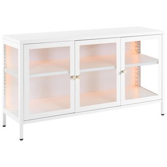 Beliani Aparador Moderno Led De Acero Vidrio Templado 3 Puertas Estantes Ajustables Blanco Newport