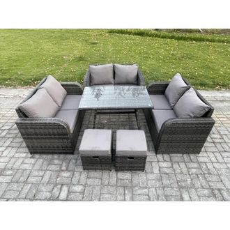 Fimous Outdoor Rattan Garden Furniture Set 8 Seater Patio Love Sofa Set with Rectangular Dining Table 2 Small Footstool Dark Grey Mixed - Fimous