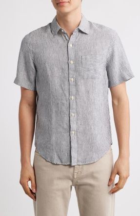Alex Crane Ola Linen Short Sleeve Button-Up Shirt in Lines at Nordstrom, Size Xx-Large