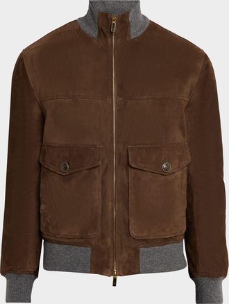Brunello Cucinelli Men & apos;s Suede Knit-Trim Bomber Jacket