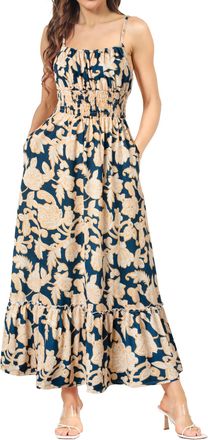 Grace Karin Ladies Casual Strappy Floral Beach Dresses A Line Smocked Maxi Roman Dress for Summer Navy with White FloralM