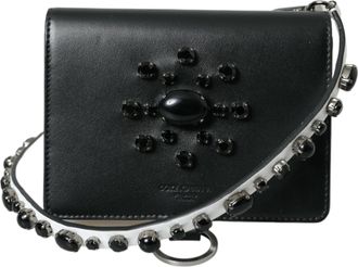 Dolce & Gabbana Black White Leather Crystal Embellished Cardholder Womens Wallet