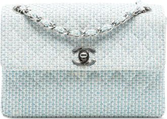 Chanel Borsa a spalla CC in tweed trapuntato con battente e catena 1996-1997 - Blu