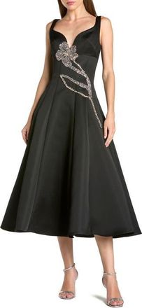 Mac Duggal A-Line Midi Dress With Embellished Flower in Black Gold at Nordstrom, Size 14