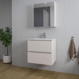 Saniclass Chaci Badkamermeubelset - 60x46x55cm - keramische wastafel wit - 1 ovale wasbak - 1 kraangat - 2 lades - spiegelkast - mat cotton (beige)