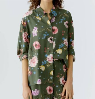 Oui Garden Floral Blouse In Khaki Red