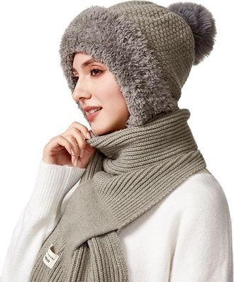 Generic Knitted Hat with Scarf Attached Womens 2 in 1 Winter Cold Weather Set Fleece Lined Beanie Skull Caps and Long Knitted Scarf Windproof Warm For Outdoor
