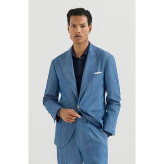 Brunello Cucinelli Lightweight denim deconstructed peak-lapel blazer with patch pockets in Medium Denim at Nordstrom, Size 54