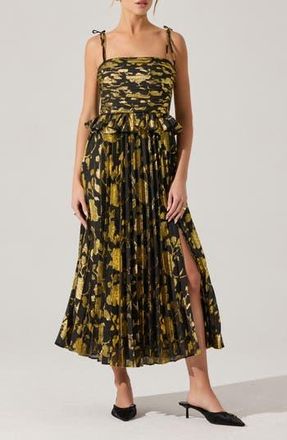 ASTR the Label Emerys Metallic Floral Pleated Midi Dress in Black Gold at Nordstrom Rack, Size X-Small