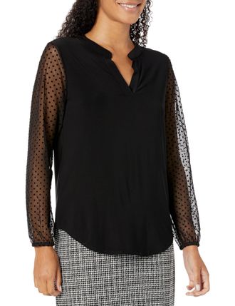 Kasper Womens Ls Split Neck, Black, S Petite