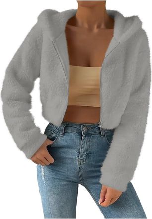 Generic Womens Fleece Cropped Jacket - Fuzzy Fluffy Winter Warm Short Coats, Hooded Long Sleeve Zip Up Pullover Tops, Loose Casual Thermal Sweatshirts, Ladies