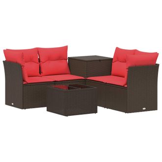 vidaXL Set Di Divani 6 Pz Marrone E Rosso Rattan Sintetico E Acciaio Vidaxl