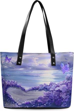 Generic Purple Beach Flower Tote Bags for Women Cute Shoulder Purses Handbags