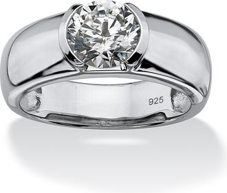 Palm Beach Jewelry Mens 2 TCW Semi-Bezel-Set Cubic Zirconia Platinum-plated Sterling Silver Ring