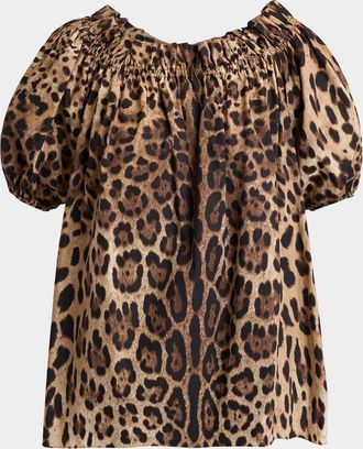 Dolce & Gabbana Leopard-Print Cotton Puff-Sleeve Blouse