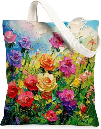 Generic Spring Oli Painting Rose Canvas Tote Bag for Shopping 13x15, Floral Wildflower Garden Reusable Grocery Print Pattern Bag for Women, Flower Scene Beach