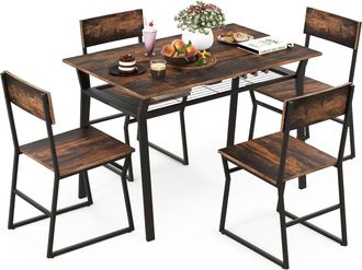 Costway Costway - Juego De Mesa De Comedor De 5 Piezas, Mesa De Cocina Rectangular Industrial Con 4 Sillas, Estante De Almacenamiento Y Marco De Metal, Juego 