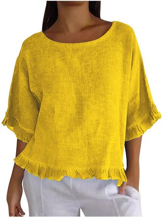 Generic Tunics for Ladies UK Ladies Tee Basic Basic T Shirts Bubble Hem Tops for UK T Shirts Summer Tops Womens Bardot Blouses Striped Blouses Size 22 Yellow