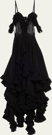 Alexander McQueen Lace-Inset Tiered Ruffle Chiffon Evening Dress