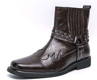 Generic Mens Slip-On Winter Chelsea Boots, Round Toe with Buckle Decoration, Easy-to-Wear Ankle Boots, Stylish Waterproof Motorcycle Walking Shoes.,Brown,12.5