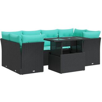 vidaXL 7 Piece Garden Sofa Set with Cushions Black Poly Rattan Acacia vidaXL