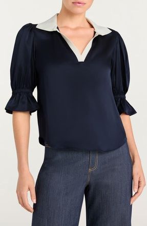 Cinq &agrave; Sept Freida Silk Johnny Collar Top in Navy/Ivory at Nordstrom, Size Xx-Small