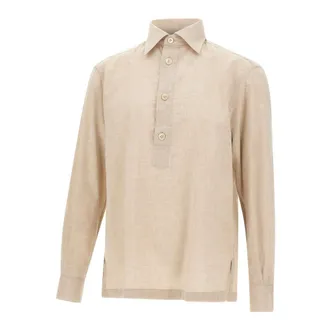 Eleventy Casual Shirts, male, Beige, Size: L Popover Three-Button Shirt