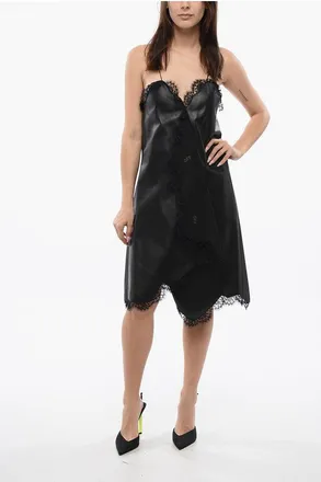 Off-white Nappa wikkeljurk met kanten zoom in zwart