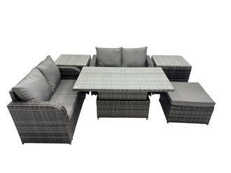 Fimous 5-seater Rattan Garden Furniture Set with Big Stool 2 Side Tables in Dark Grey