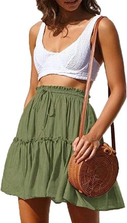 Hoerev Womens Girls Floral Flared Short Skirt Cute High Waist Ruffle Skirt Beach Mini Skirt,XXX-Large,Green