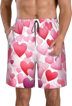 Generic Pink Love Hearts Mens Swim Trunks Valentine Mens Board Shorts Quick Dry Boardshort Beach Shorts Long with Pockets