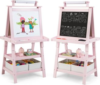 Costway Costway - Pizarra De Doble Cara Para Ni&ntilde;o Caballete De Infantil Tablero De Pie Con 2 Cajas De Almacenamiento,rollo De Papel Y Estantes (rosa)