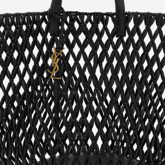 Saint Laurent Womens Shopping Bag Wooden Beaded Black Leather And Wood Shoulder