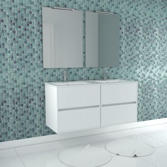 Aurlane Aurlane - Mueble De Ba&ntilde;o 120cm Blanco Lacado 4 Cajones, Lavabo, 2 Espejos 60x80 Con Apliques Led
