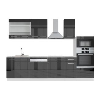 Vicco Mueble De Cocina Fame-line, Antracita Brillo Intenso/blanco, 300 Cm Con Armario Alto, Et M&aacute;rmol