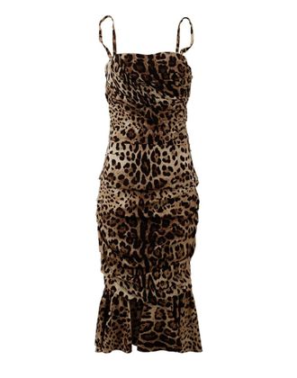Dolce & Gabbana Brown Leopard Print Ruched Midi Womens Dress