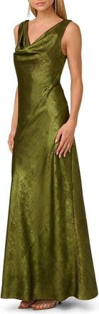 Adrianna Papell Cowl Neck Foil Gown in Dark Olive at Nordstrom, Size 10